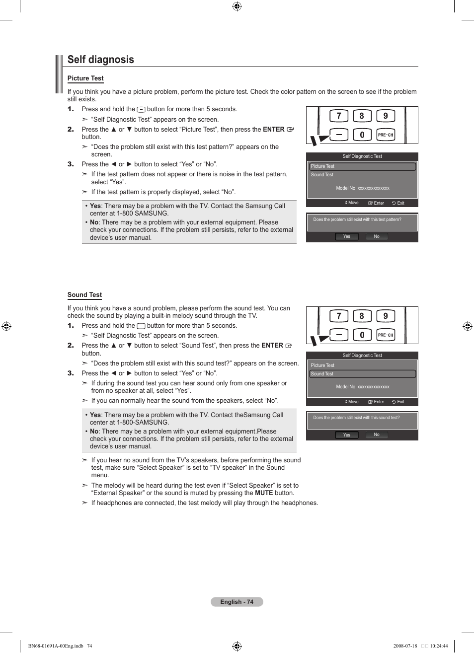 Self diagnosis | Samsung LN52A860S2FXZA User Manual | Page 76 / 155