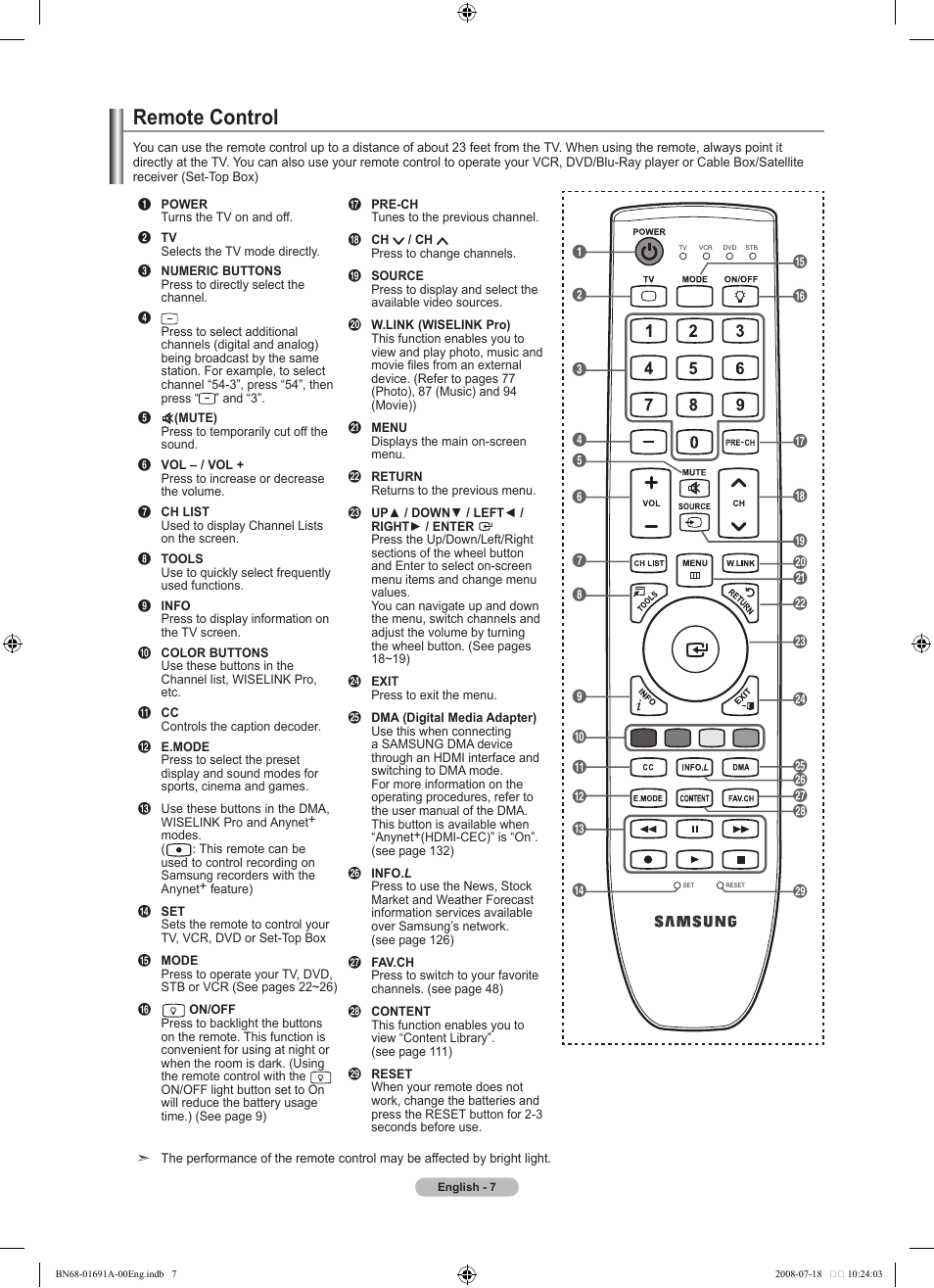 Remote control | Samsung LN52A860S2FXZA User Manual | Page 9 / 155