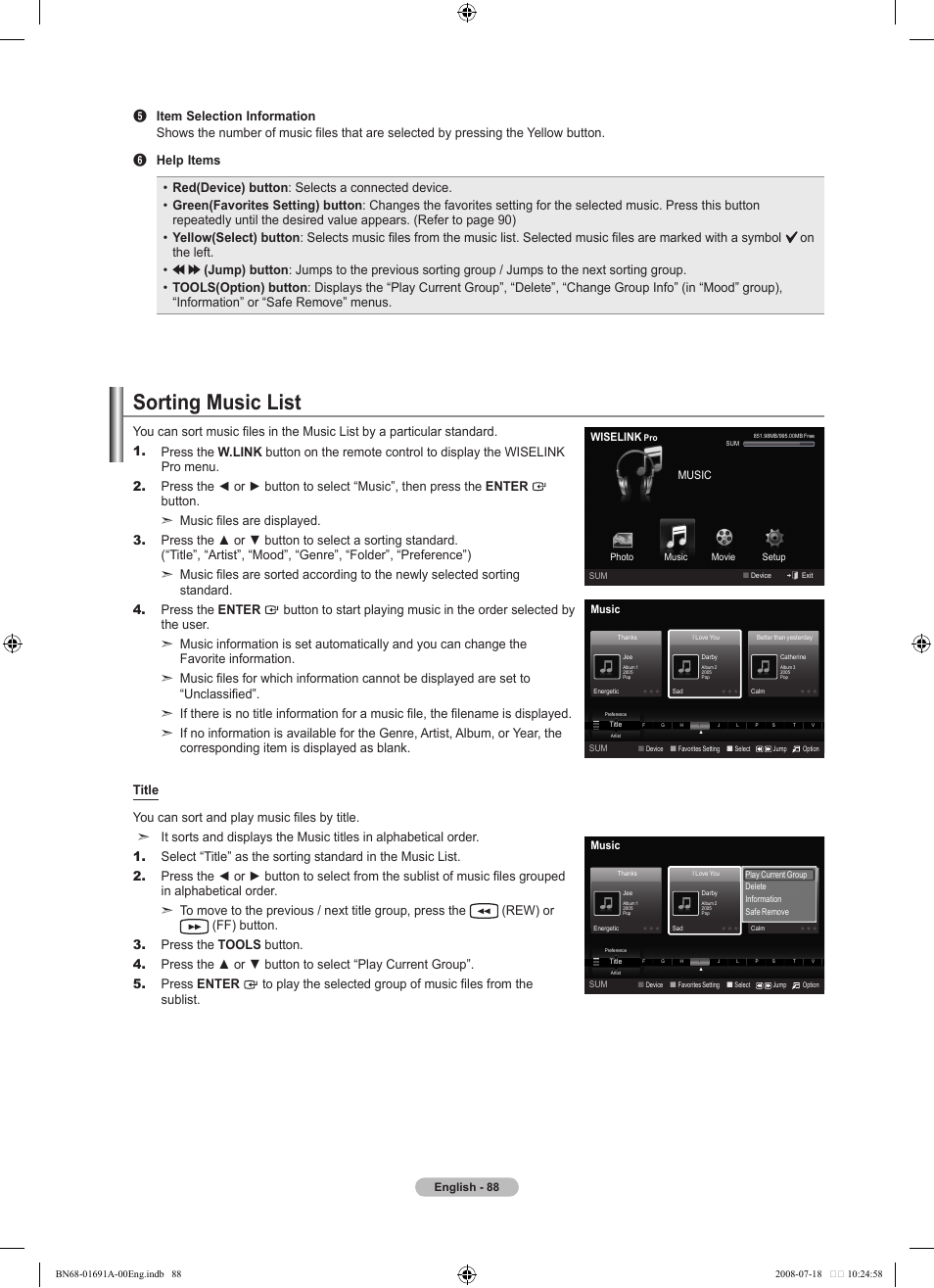 Sorting music list | Samsung LN52A860S2FXZA User Manual | Page 90 / 155