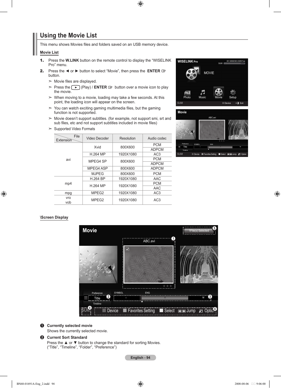 Using the movie list, Movie, Device  favorites setting  select jump option | Samsung LN52A860S2FXZA User Manual | Page 96 / 155