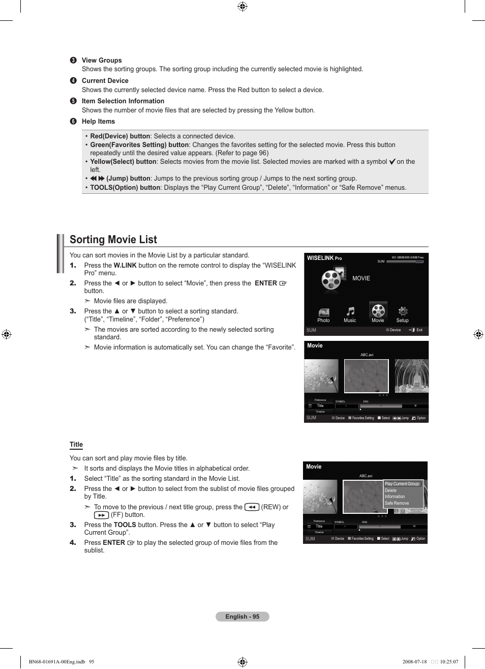 Sorting movie list | Samsung LN52A860S2FXZA User Manual | Page 97 / 155