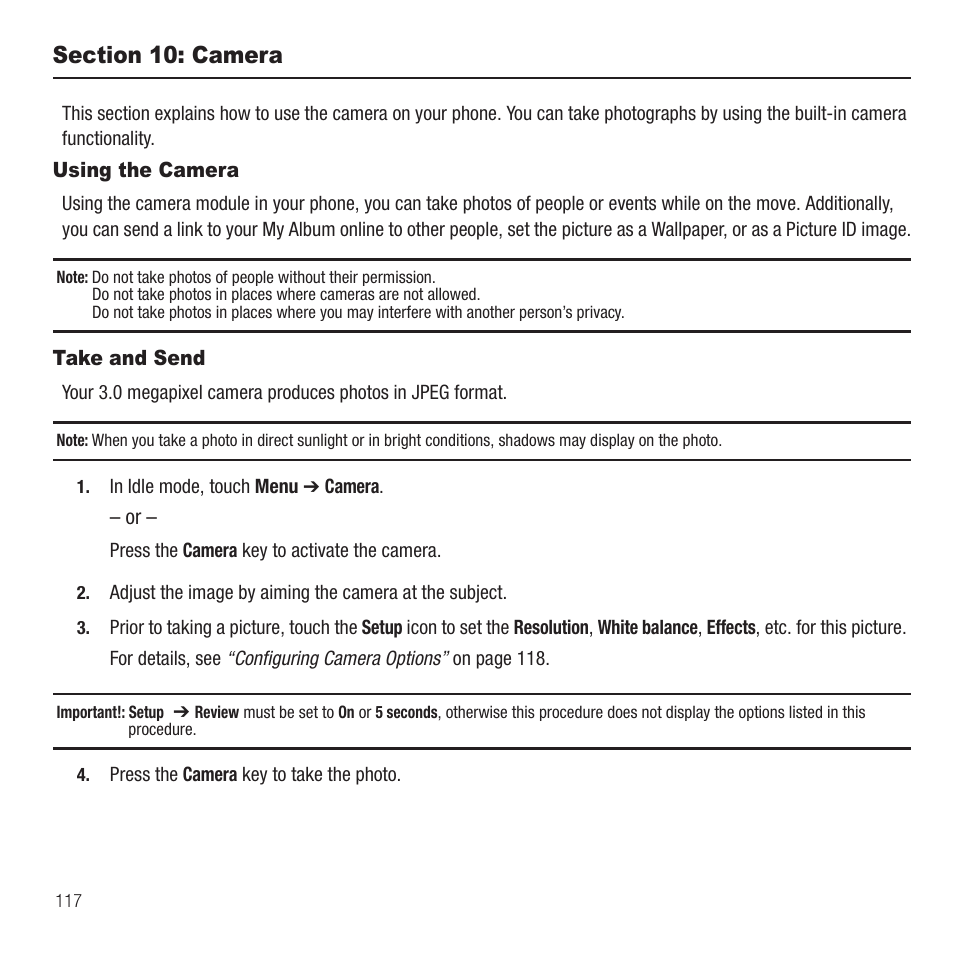 Section 10: camera, Using the camera, Take and send | Using the camera take and send | Samsung SGH-T749ZAATMB User Manual | Page 120 / 199