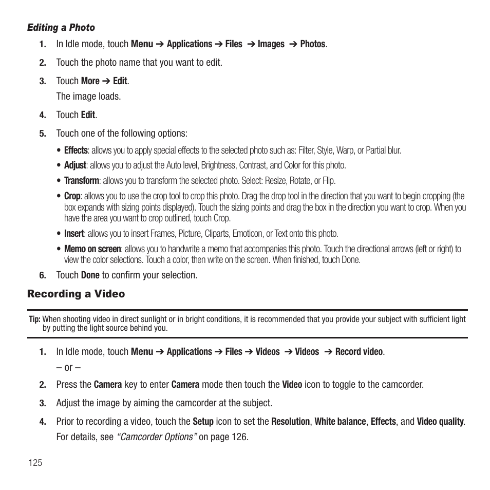 Recording a video | Samsung SGH-T749ZAATMB User Manual | Page 128 / 199