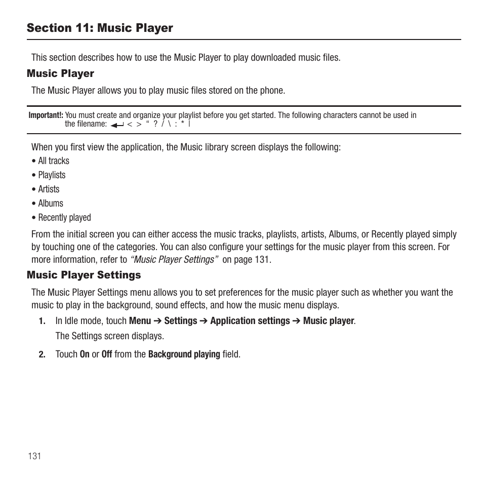 Section 11: music player, Music player, Music player settings | Music player music player settings | Samsung SGH-T749ZAATMB User Manual | Page 134 / 199