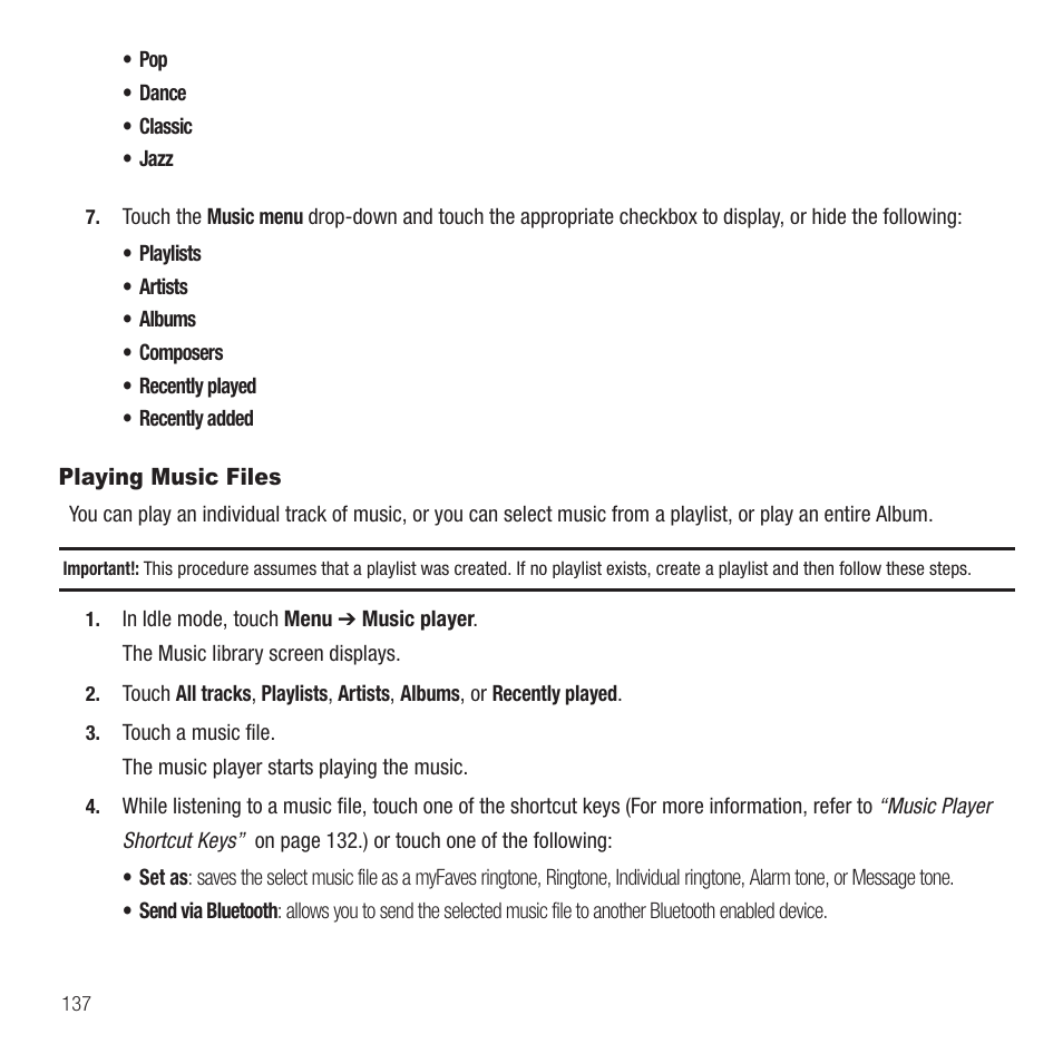 Playing music files | Samsung SGH-T749ZAATMB User Manual | Page 140 / 199