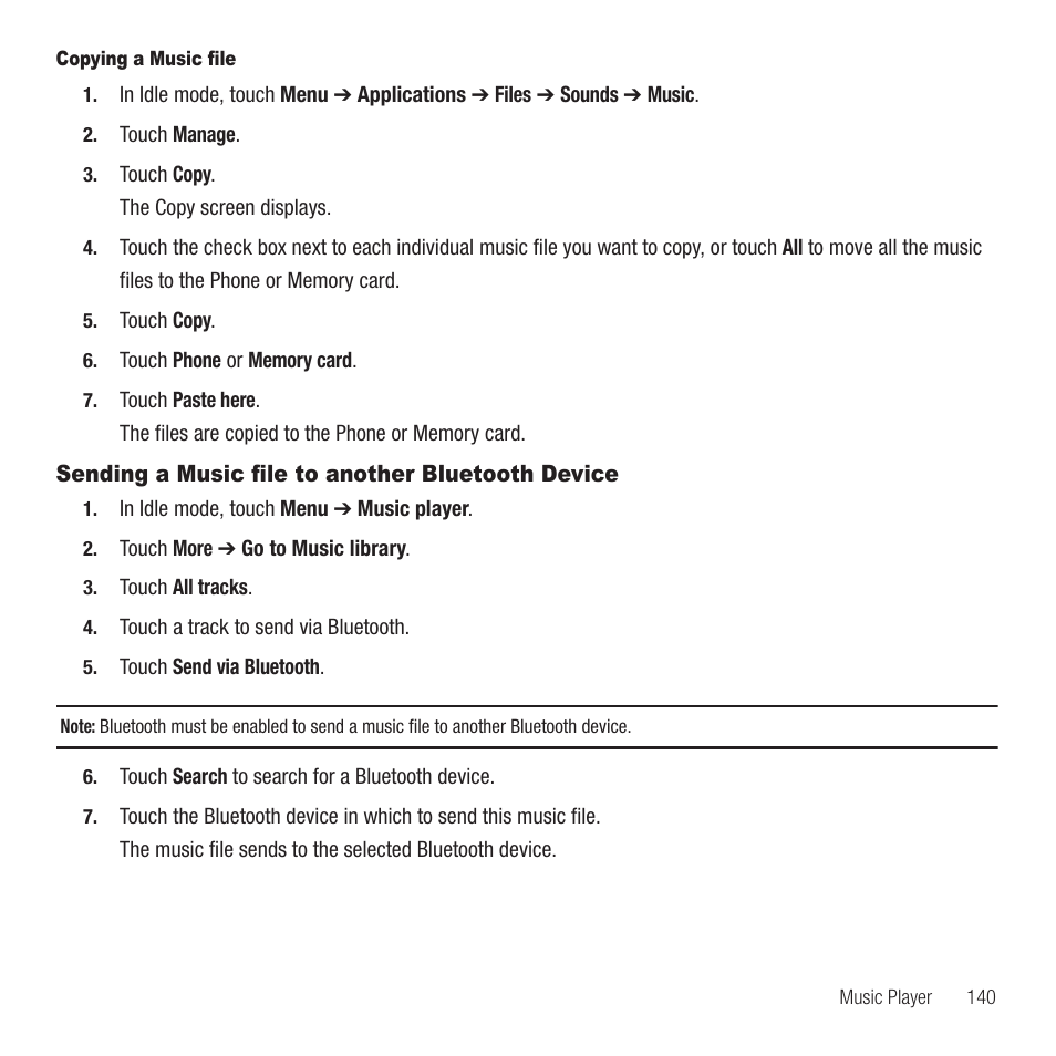 Sending a music file to another bluetooth device | Samsung SGH-T749ZAATMB User Manual | Page 143 / 199