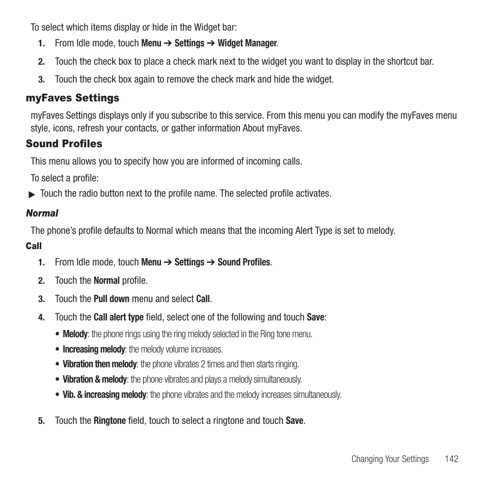 Myfaves settings, Sound profiles, Myfaves settings sound profiles | Samsung SGH-T749ZAATMB User Manual | Page 145 / 199