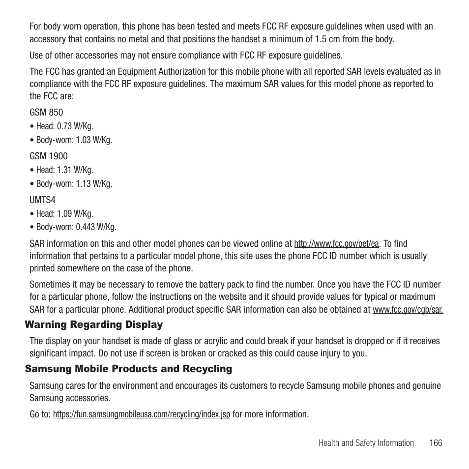 Warning regarding display, Samsung mobile products and recycling | Samsung SGH-T749ZAATMB User Manual | Page 169 / 199