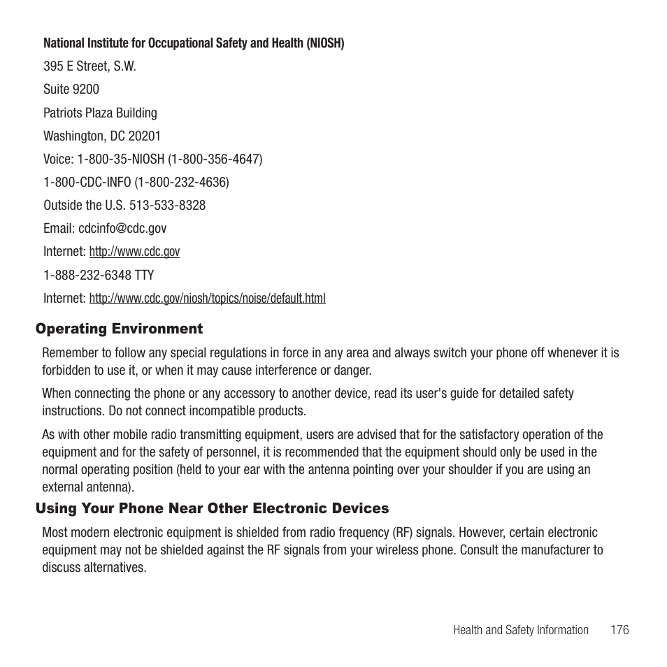 Operating environment, Using your phone near other electronic devices | Samsung SGH-T749ZAATMB User Manual | Page 179 / 199