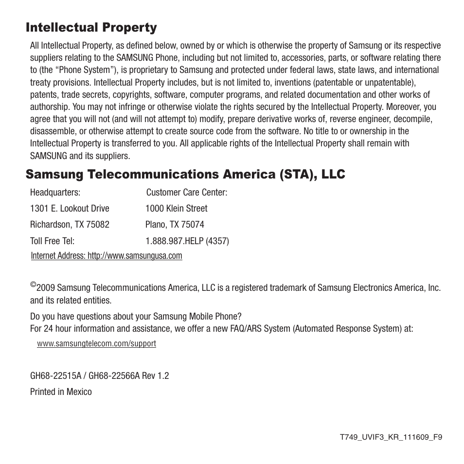 Intellectual property, Samsung telecommunications america (sta), llc | Samsung SGH-T749ZAATMB User Manual | Page 2 / 199