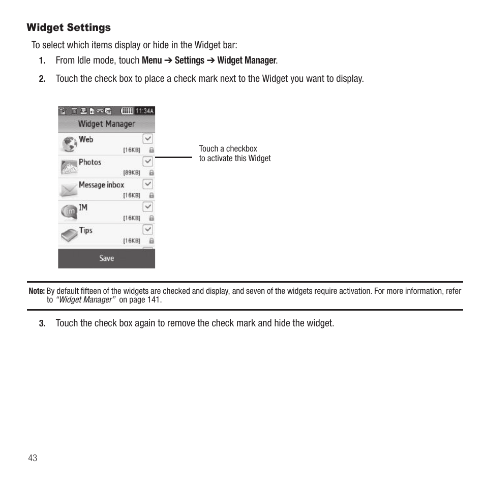 Widget settings | Samsung SGH-T749ZAATMB User Manual | Page 46 / 199