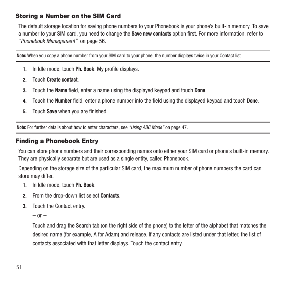 Storing a number on the sim card, Finding a phonebook entry | Samsung SGH-T749ZAATMB User Manual | Page 54 / 199