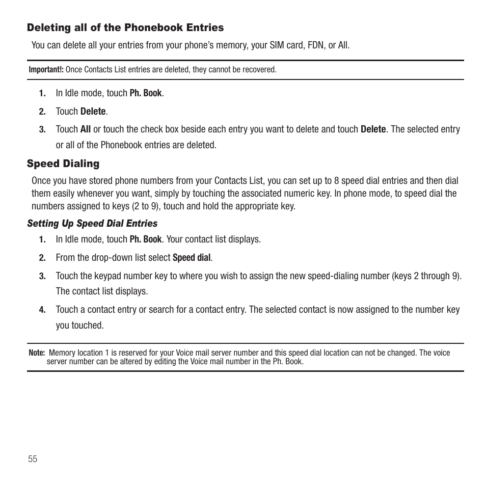 Deleting all of the phonebook entries, Speed dialing | Samsung SGH-T749ZAATMB User Manual | Page 58 / 199