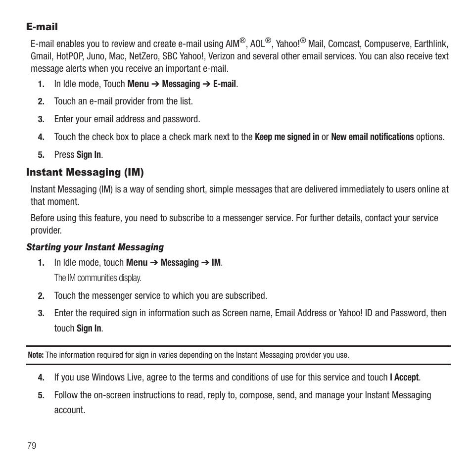 E-mail, Instant messaging (im), E-mail instant messaging (im) | Samsung SGH-T749ZAATMB User Manual | Page 82 / 199