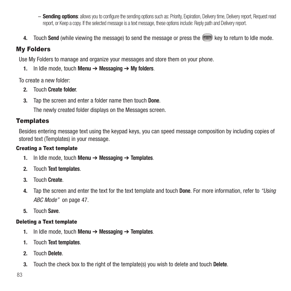 My folders, Templates, My folders templates | Samsung SGH-T749ZAATMB User Manual | Page 86 / 199