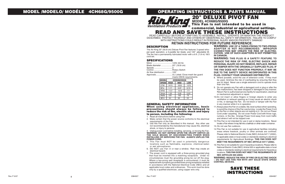 Air King 9500G User Manual | 4 pages