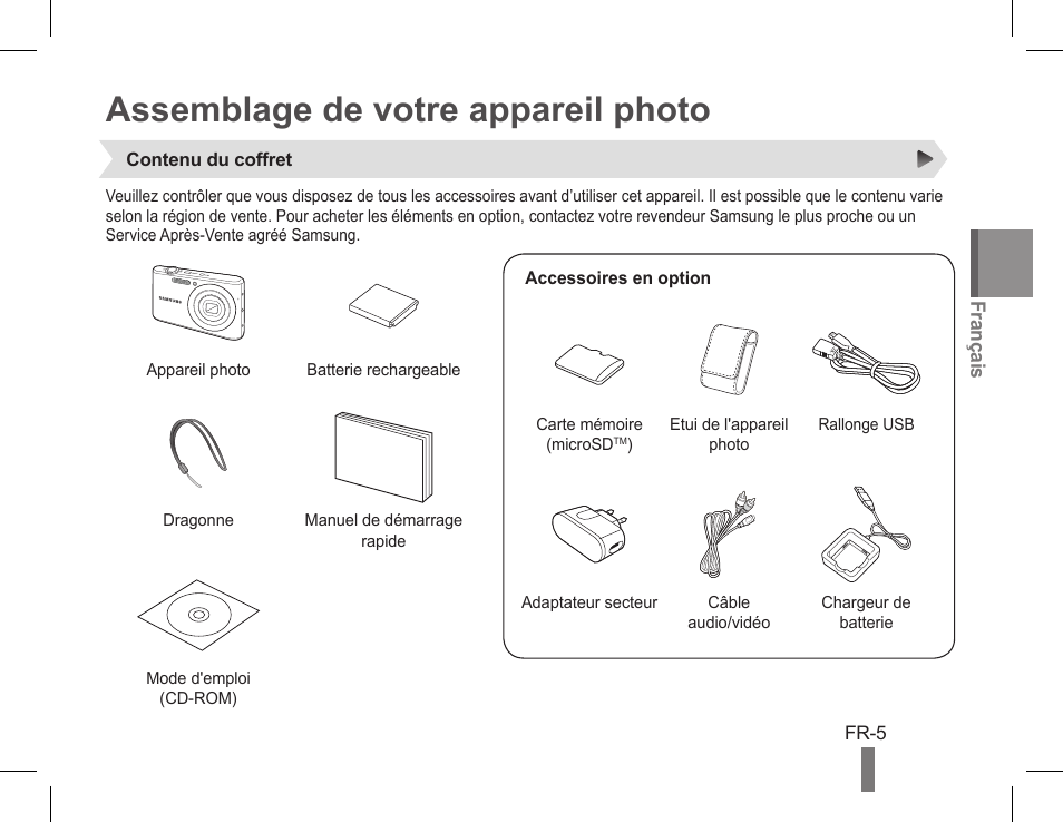 Assemblage de votre appareil photo | Samsung EC-PL90ZZBPAUS User Manual | Page 25 / 142