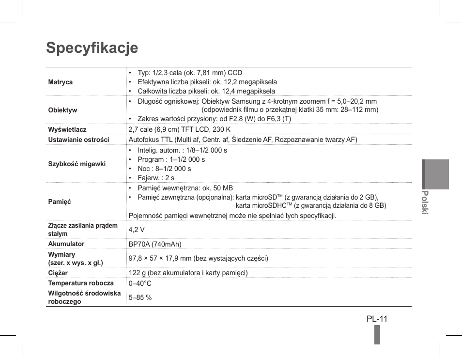 Specyfikacje, Polski | Samsung EC-PL90ZZBPAUS User Manual | Page 51 / 142