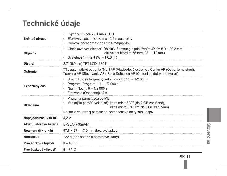 Technické údaje, Slovenčina | Samsung EC-PL90ZZBPAUS User Manual | Page 71 / 142
