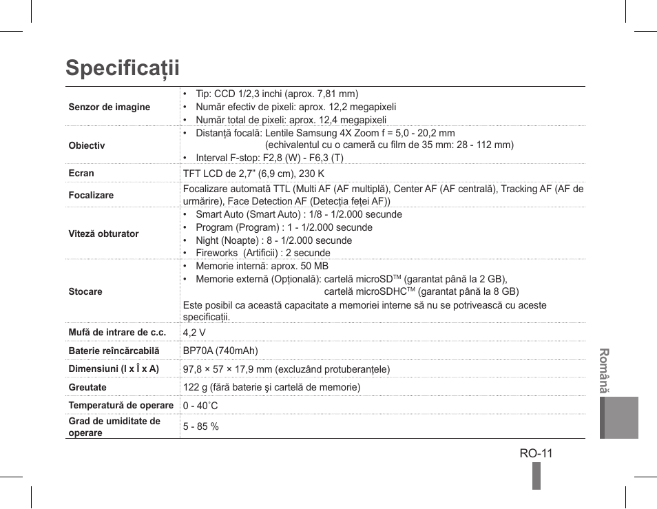 Specificaţii, Română | Samsung EC-PL90ZZBPAUS User Manual | Page 91 / 142