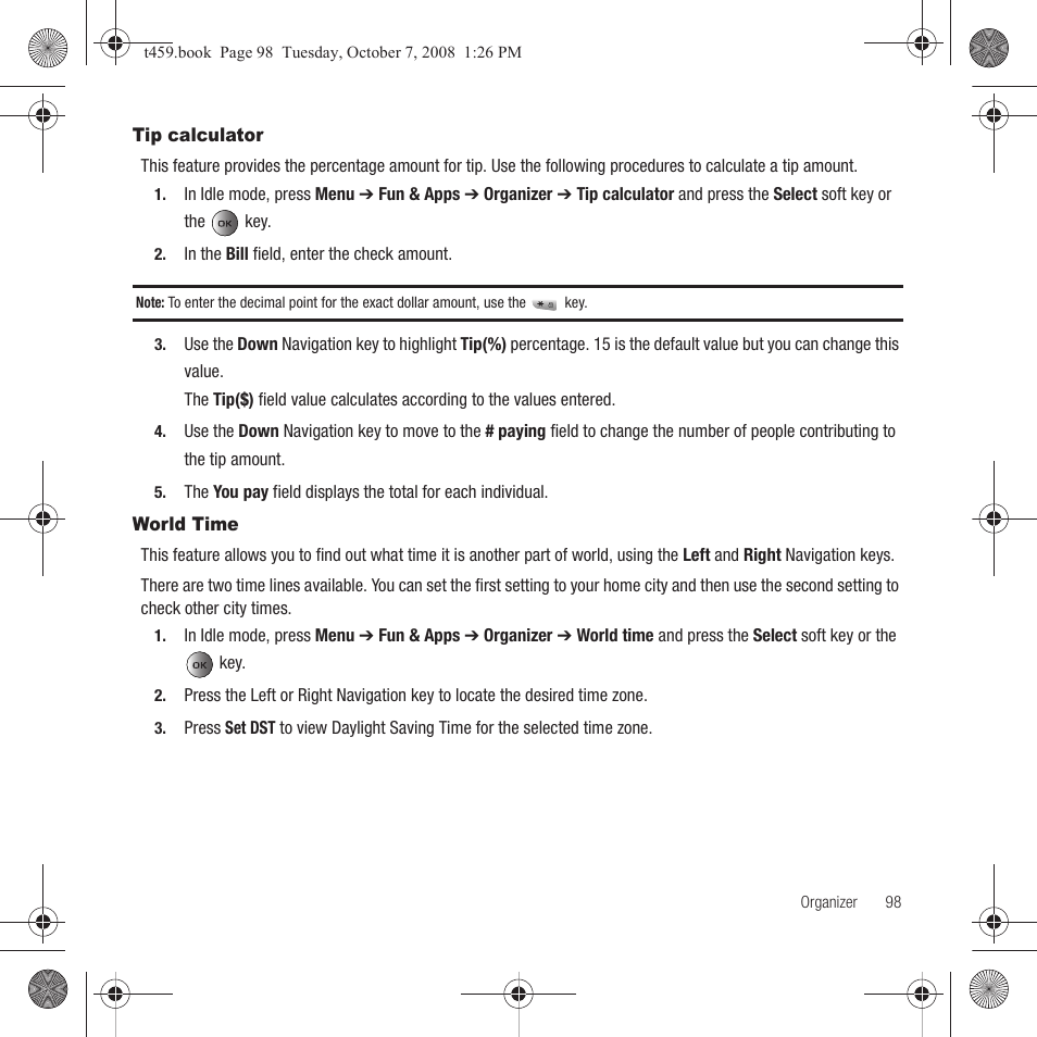 Tip calculator, World time, Tip calculator world time | Samsung SEGT459LGATMB User Manual | Page 101 / 156