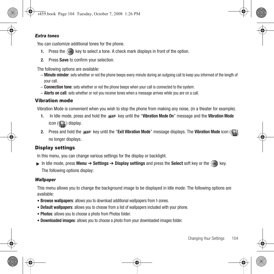 Vibration mode, Display settings, Vibration mode display settings | Samsung SEGT459LGATMB User Manual | Page 107 / 156