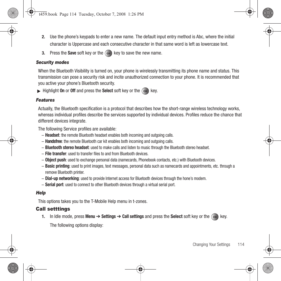 Call setttings | Samsung SEGT459LGATMB User Manual | Page 117 / 156