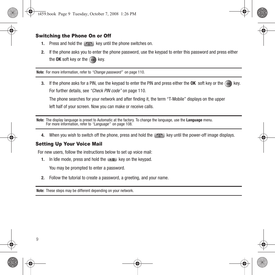 Switching the phone on or off, Setting up your voice mail | Samsung SEGT459LGATMB User Manual | Page 12 / 156