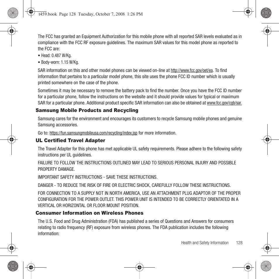 Samsung mobile products and recycling, Ul certified travel adapter, Consumer information on wireless phones | Samsung SEGT459LGATMB User Manual | Page 131 / 156