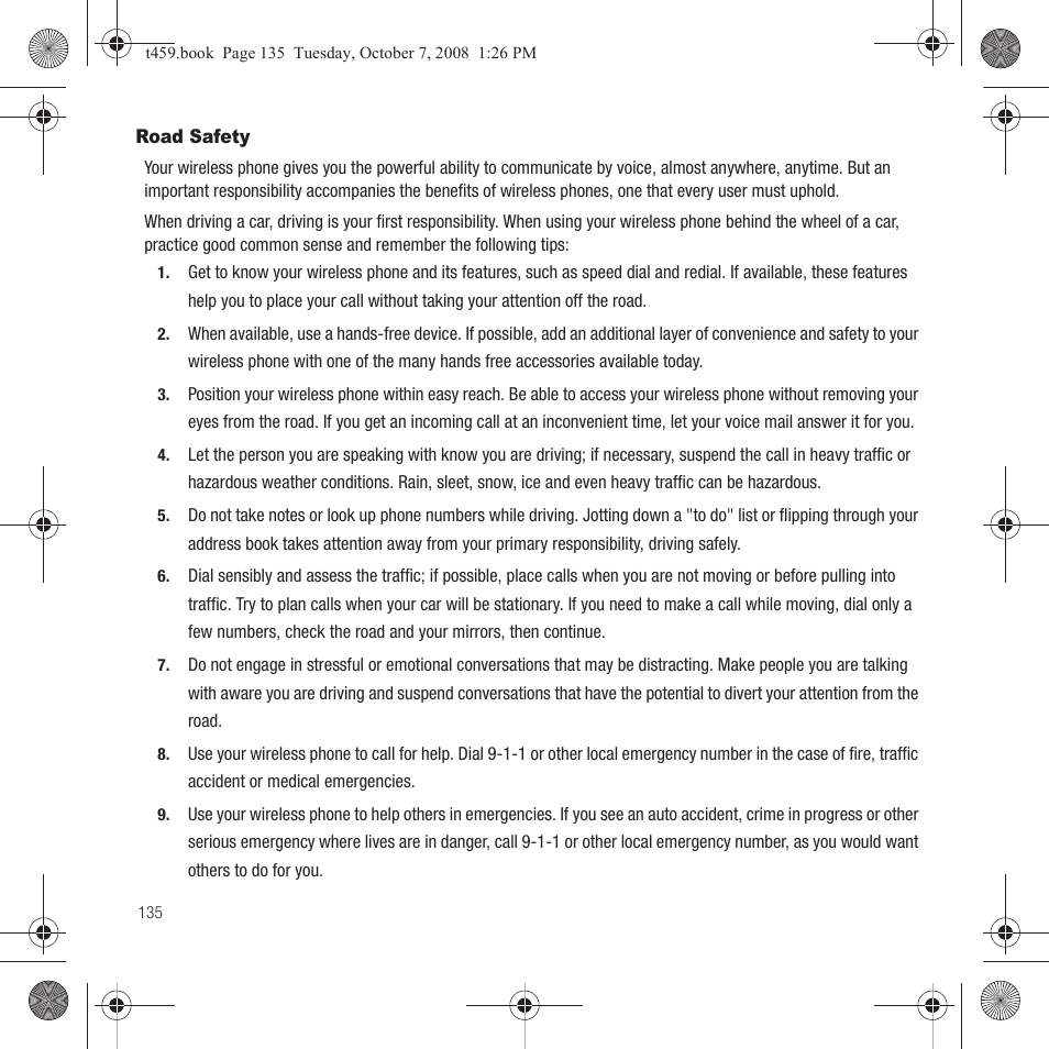 Road safety | Samsung SEGT459LGATMB User Manual | Page 138 / 156