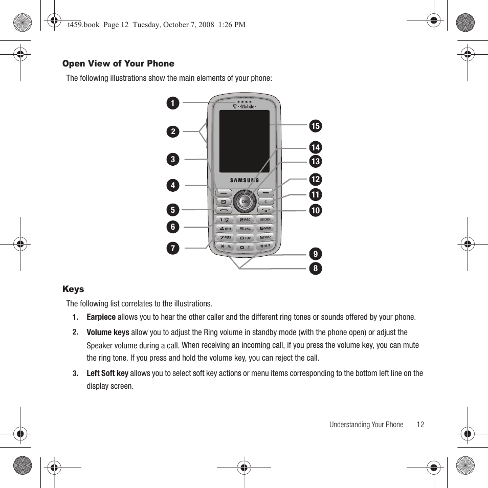 Open view of your phone, Keys, Open view of your phone keys | Samsung SEGT459LGATMB User Manual | Page 15 / 156