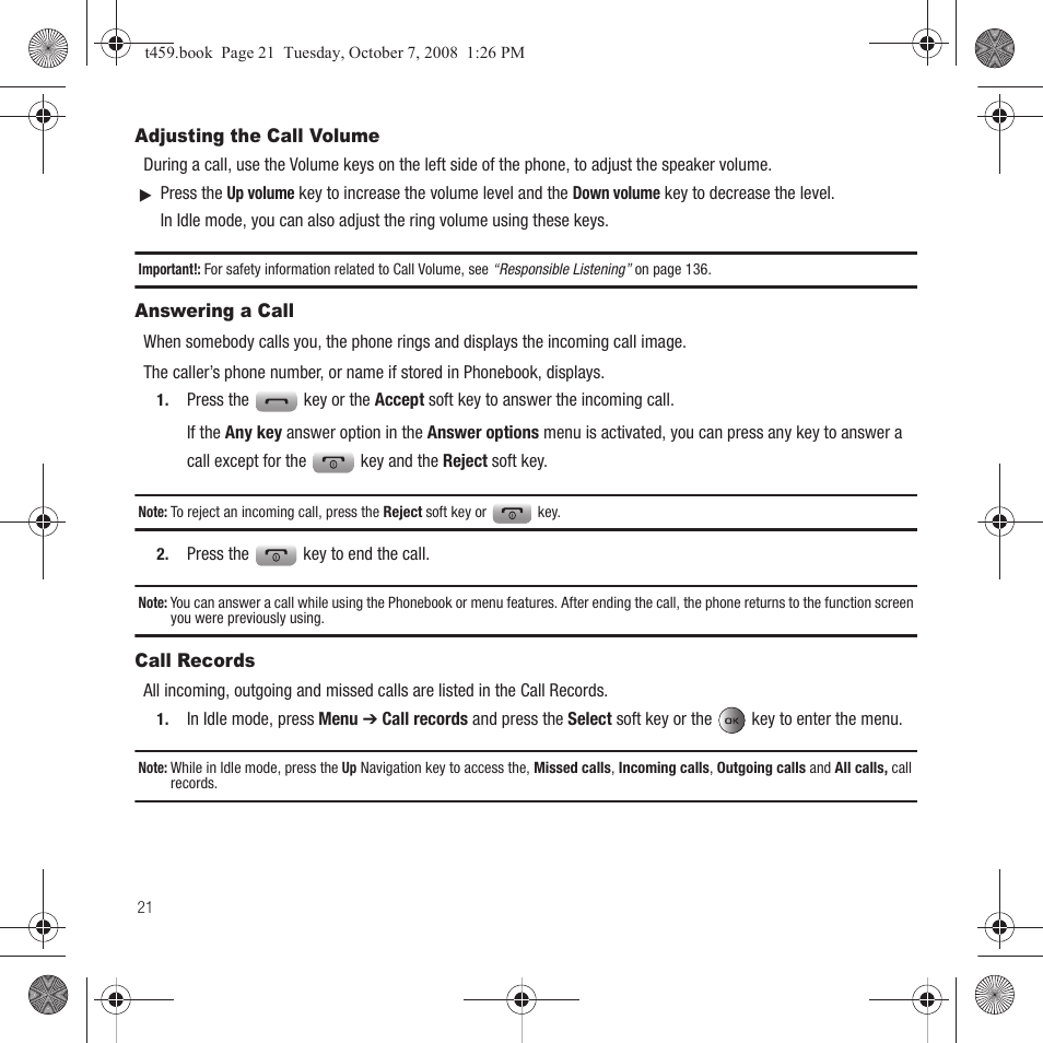 Adjusting the call volume, Answering a call, Call records | Samsung SEGT459LGATMB User Manual | Page 24 / 156