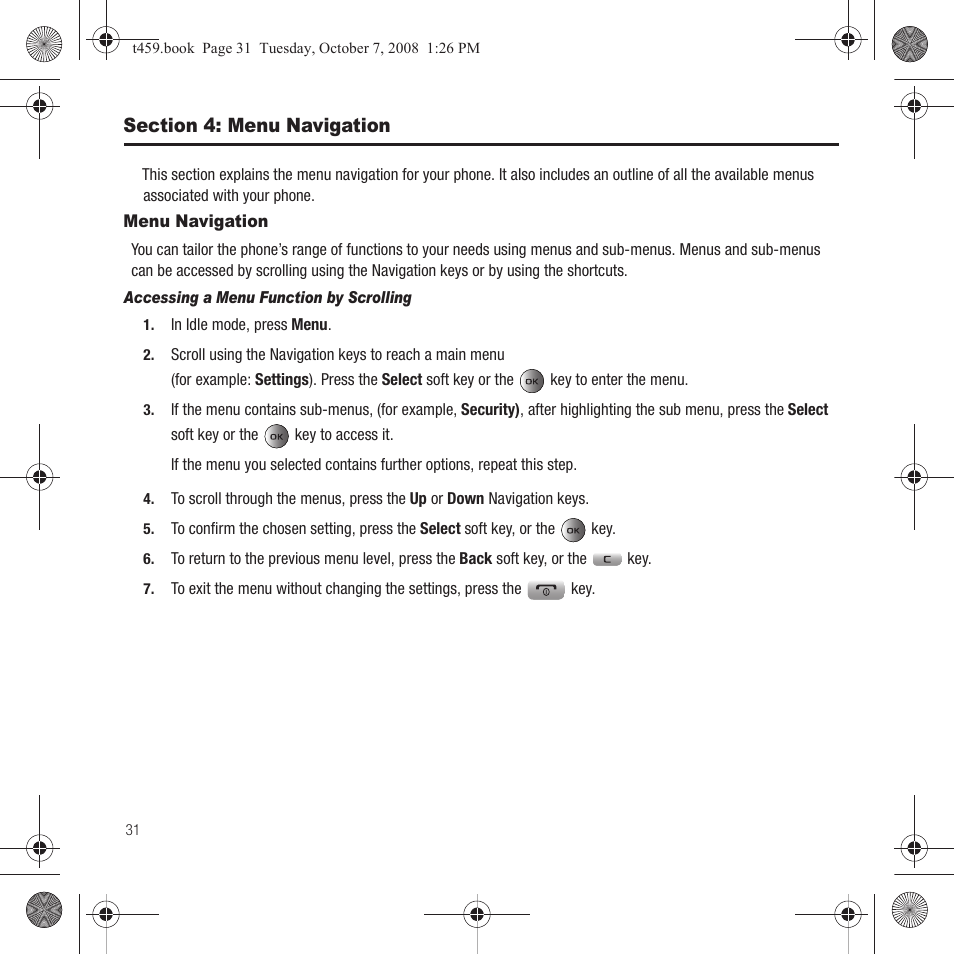 Section 4: menu navigation, Menu navigation | Samsung SEGT459LGATMB User Manual | Page 34 / 156