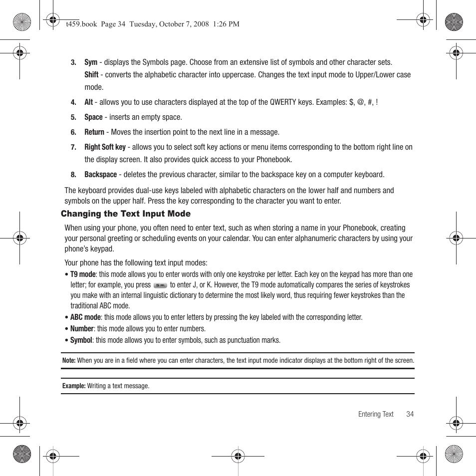 Changing the text input mode | Samsung SEGT459LGATMB User Manual | Page 37 / 156