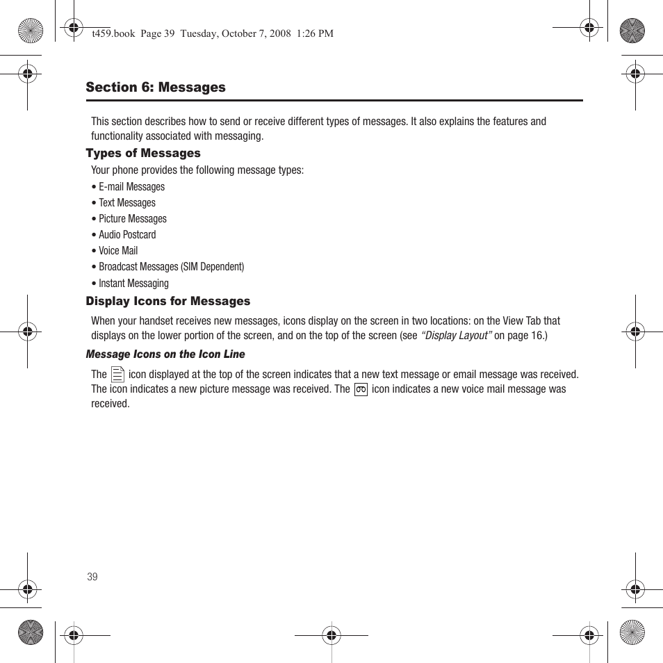 Section 6: messages, Types of messages, Display icons for messages | Types of messages display icons for messages | Samsung SEGT459LGATMB User Manual | Page 42 / 156