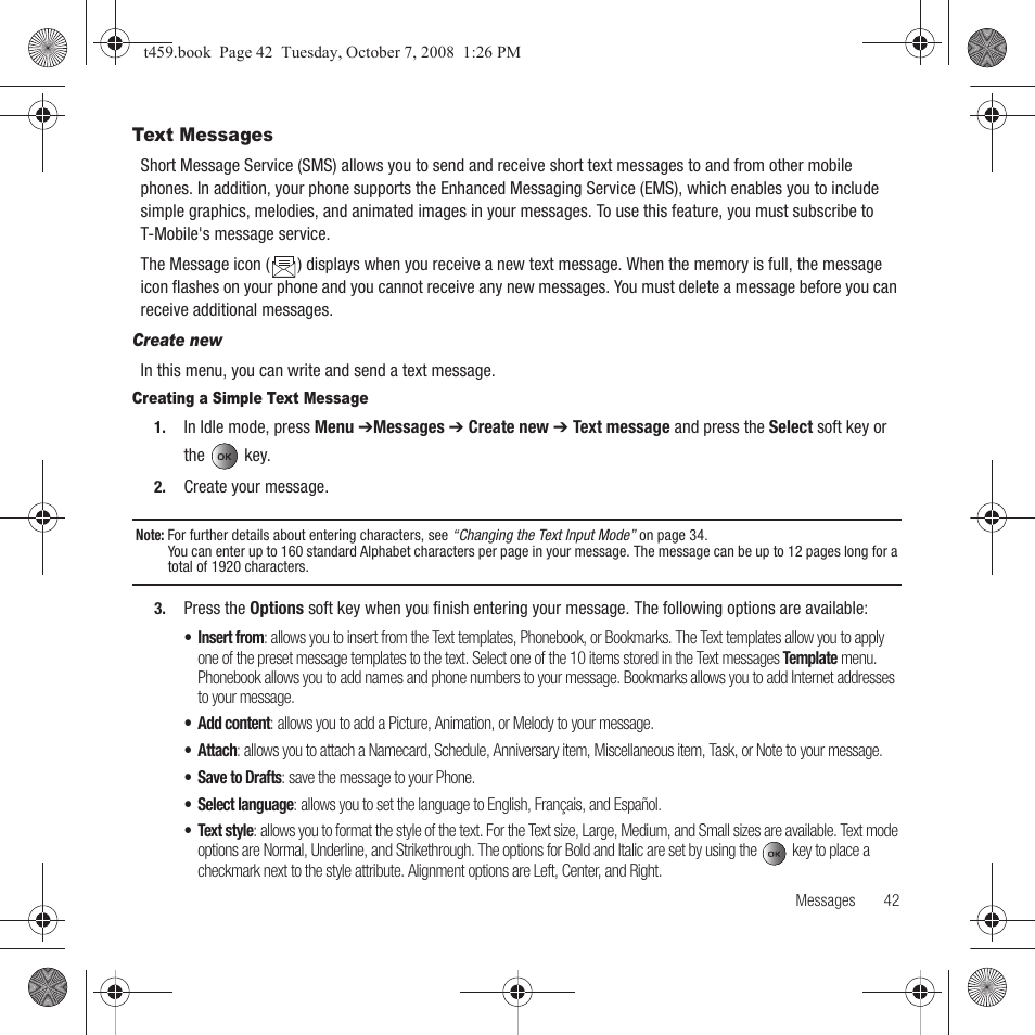 Text messages | Samsung SEGT459LGATMB User Manual | Page 45 / 156