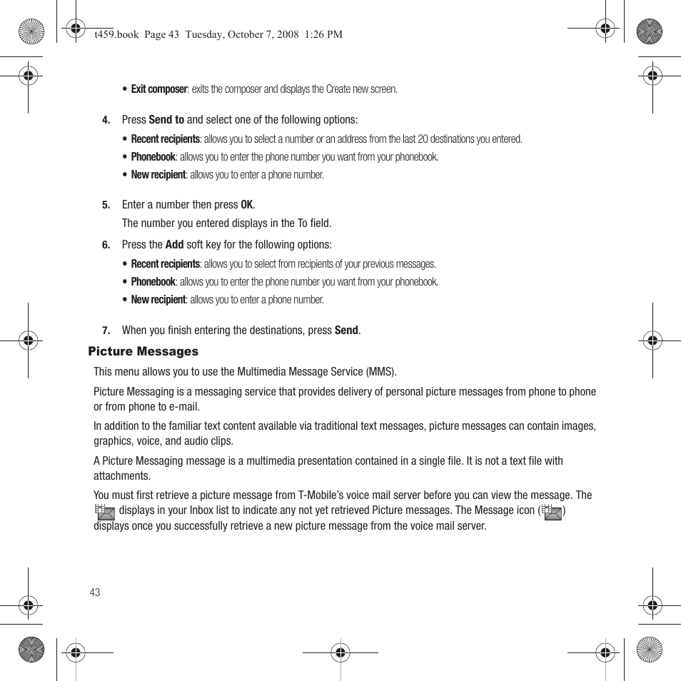 Picture messages | Samsung SEGT459LGATMB User Manual | Page 46 / 156