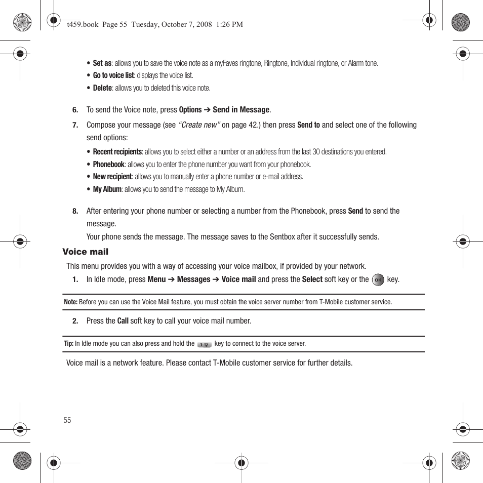 Voice mail | Samsung SEGT459LGATMB User Manual | Page 58 / 156