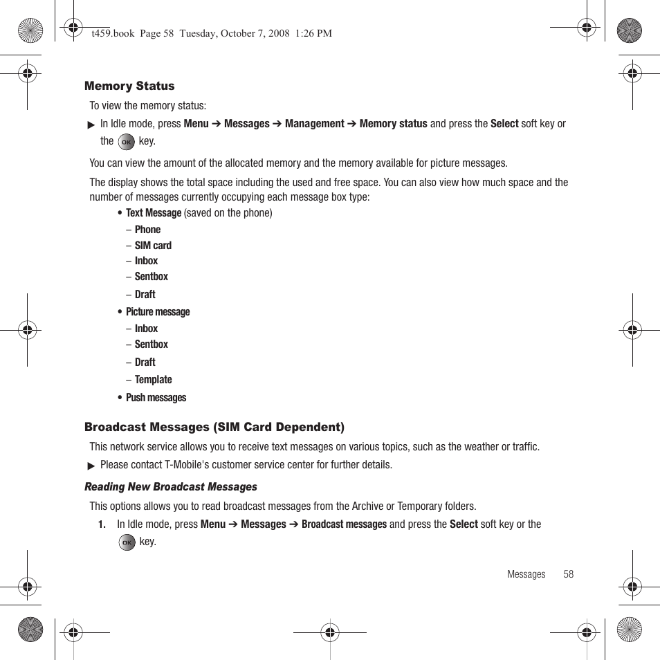 Memory status, Broadcast messages (sim card dependent) | Samsung SEGT459LGATMB User Manual | Page 61 / 156