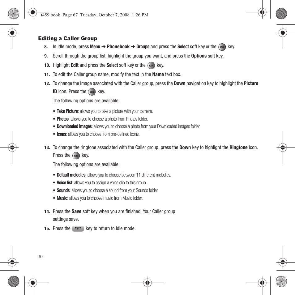 Editing a caller group | Samsung SEGT459LGATMB User Manual | Page 70 / 156