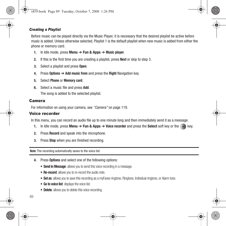 Camera, Voice recorder, Camera voice recorder | Samsung SEGT459LGATMB User Manual | Page 92 / 156