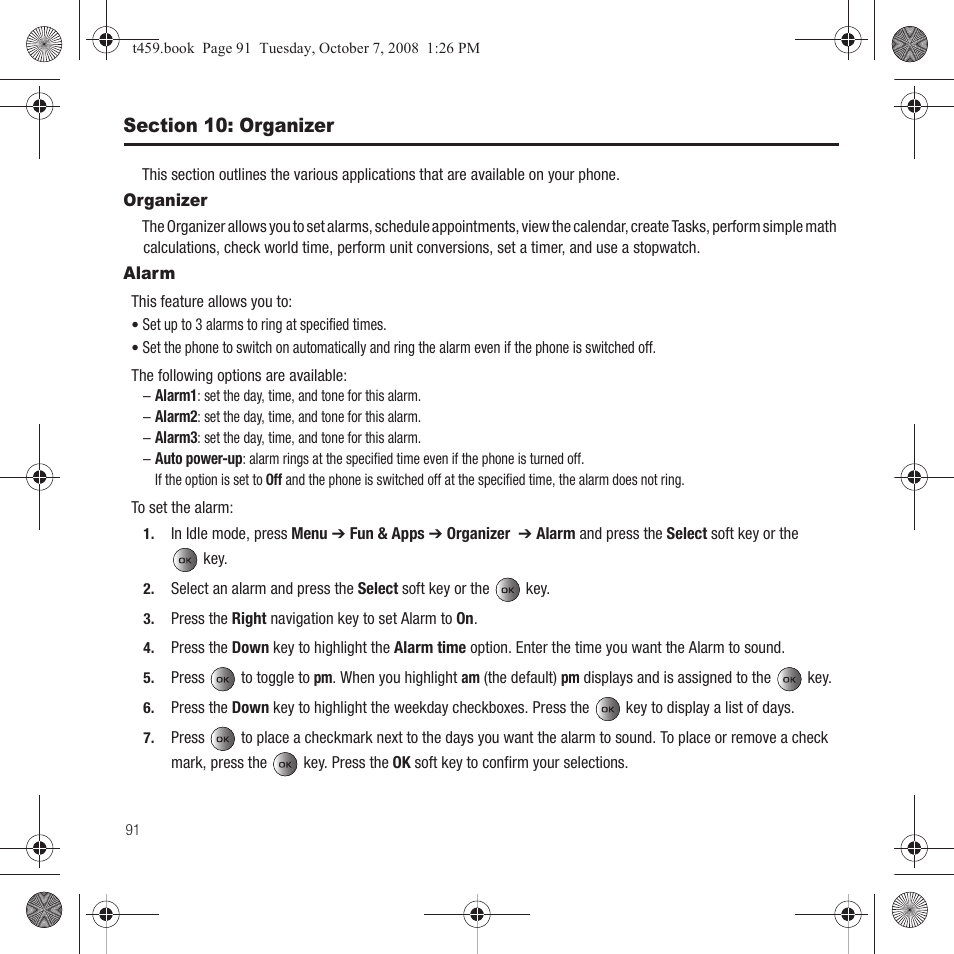 Section 10: organizer, Organizer, Alarm | Organizer alarm | Samsung SEGT459LGATMB User Manual | Page 94 / 156