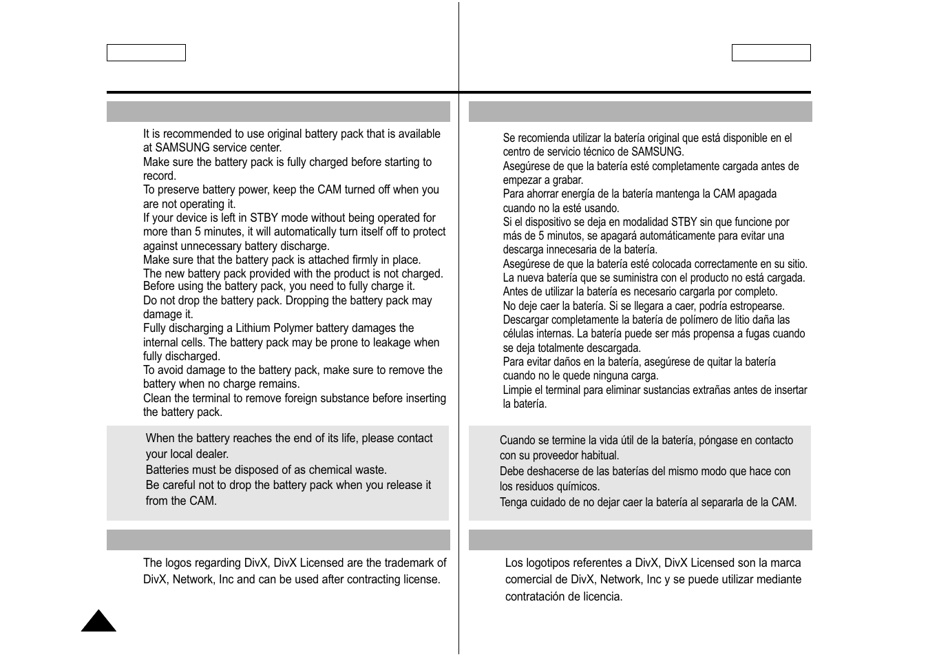 Notices and safety precautions, Avisos y precauciones de seguridad, Notas referentes a la batería | Notas referentes a la marca comercial, English español | Samsung SC-M105S-XAA User Manual | Page 10 / 128