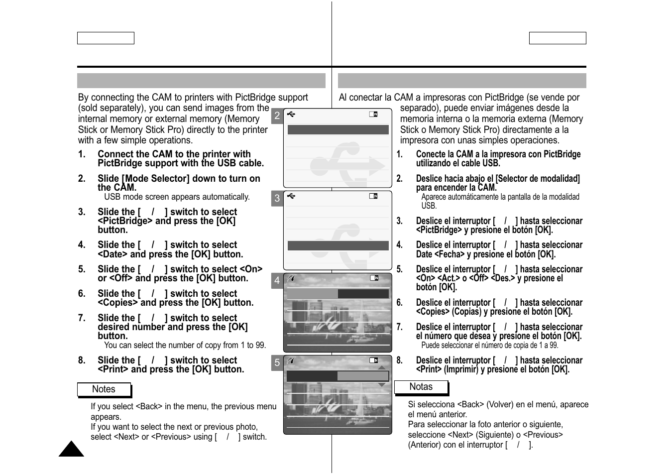 Connecting the cam to a printer, Conexión de la cam a una impresora | Samsung SC-M105S-XAA User Manual | Page 104 / 128