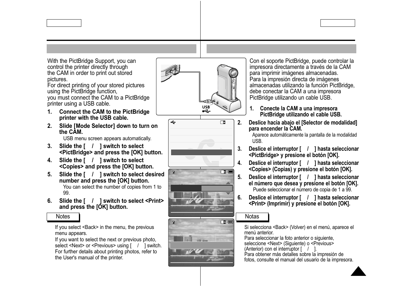 Printing with pictbridge function, Impresión con la función pictbridge | Samsung SC-M105S-XAA User Manual | Page 115 / 128