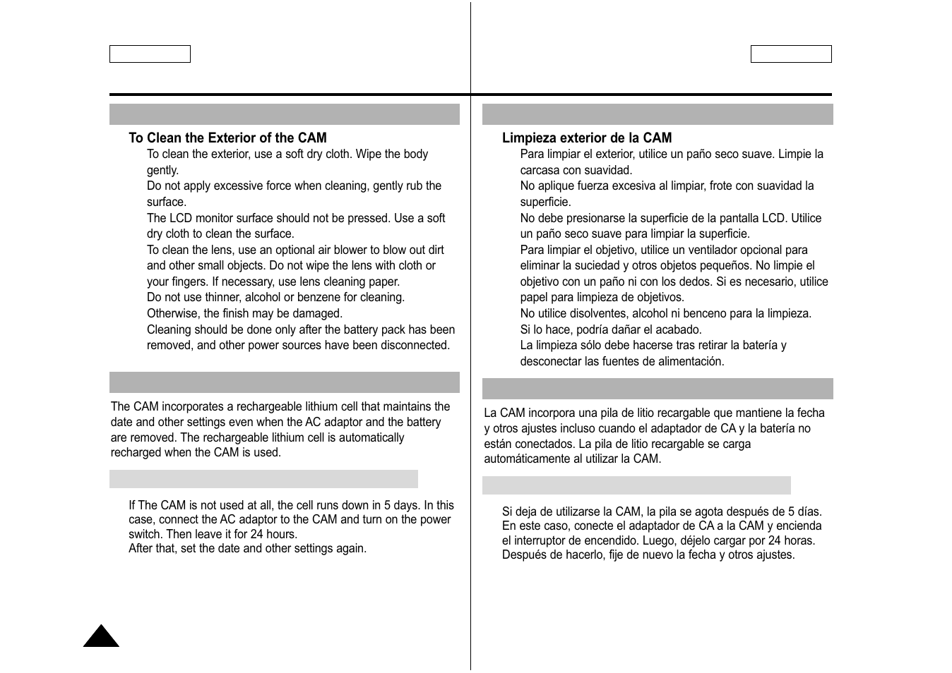 Cleaning the body, Using the built-in rechargeable battery, Limpieza de la carcasa | Utilización de la batería recargable incorporada | Samsung SC-M105S-XAA User Manual | Page 118 / 128