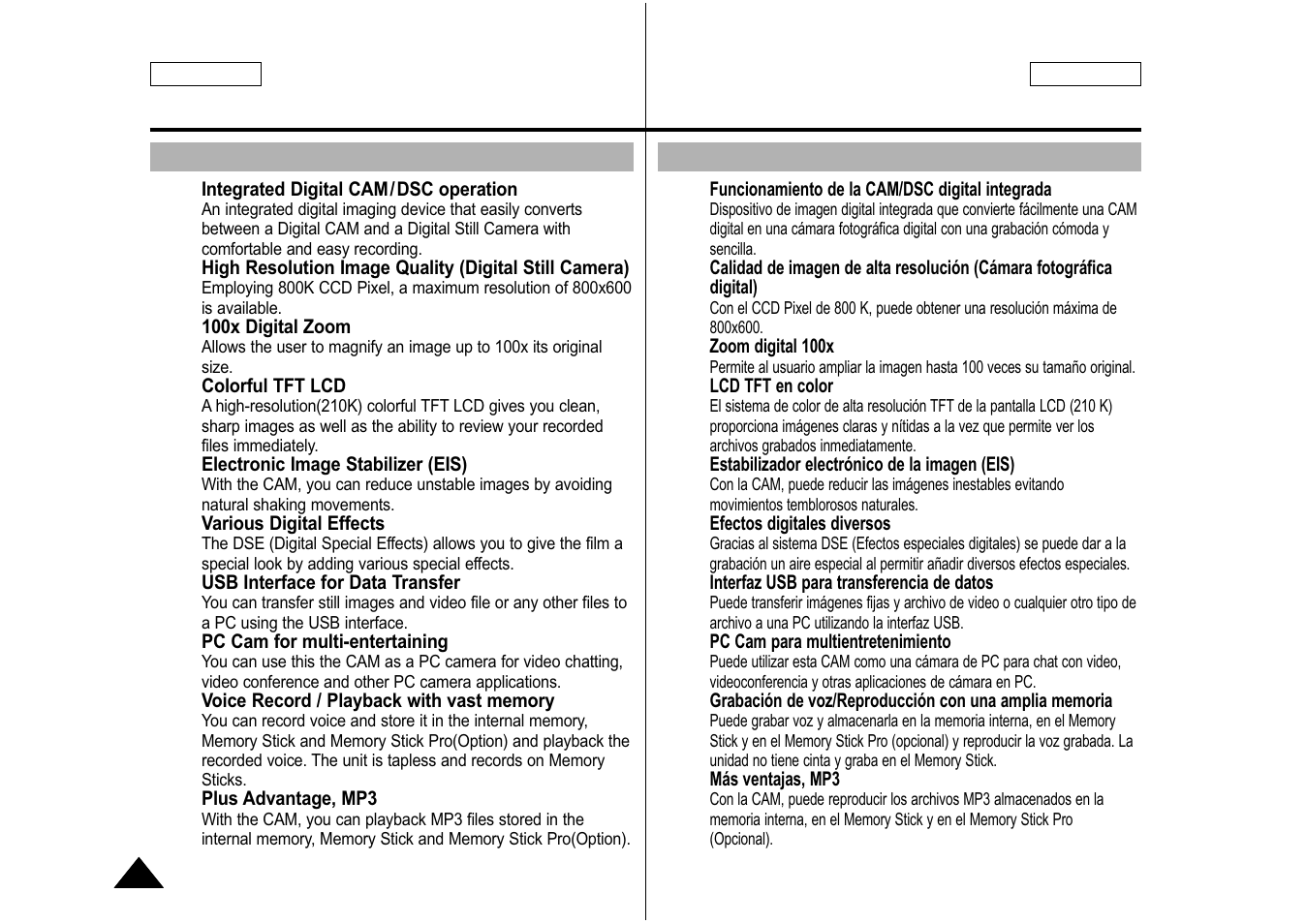 Getting to know your cam, Introducción a la cam, Features | Características, English español | Samsung SC-M105S-XAA User Manual | Page 12 / 128