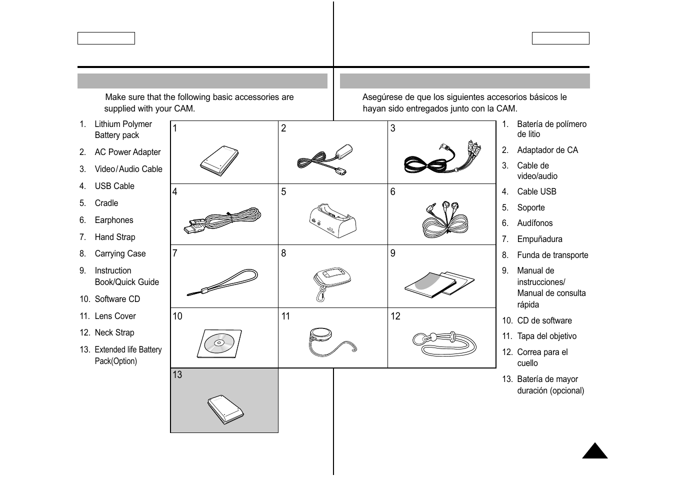 Getting to know your cam introducción a la cam, Accessories supplied with the cam, Accesorios incluidos con la cam | Samsung SC-M105S-XAA User Manual | Page 13 / 128