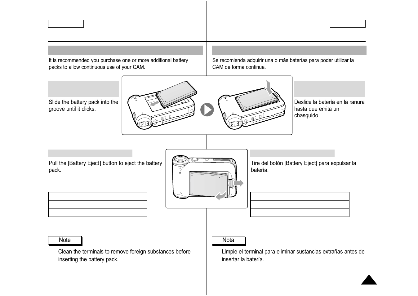 How to use the battery pack, Uso de la batería | Samsung SC-M105S-XAA User Manual | Page 19 / 128