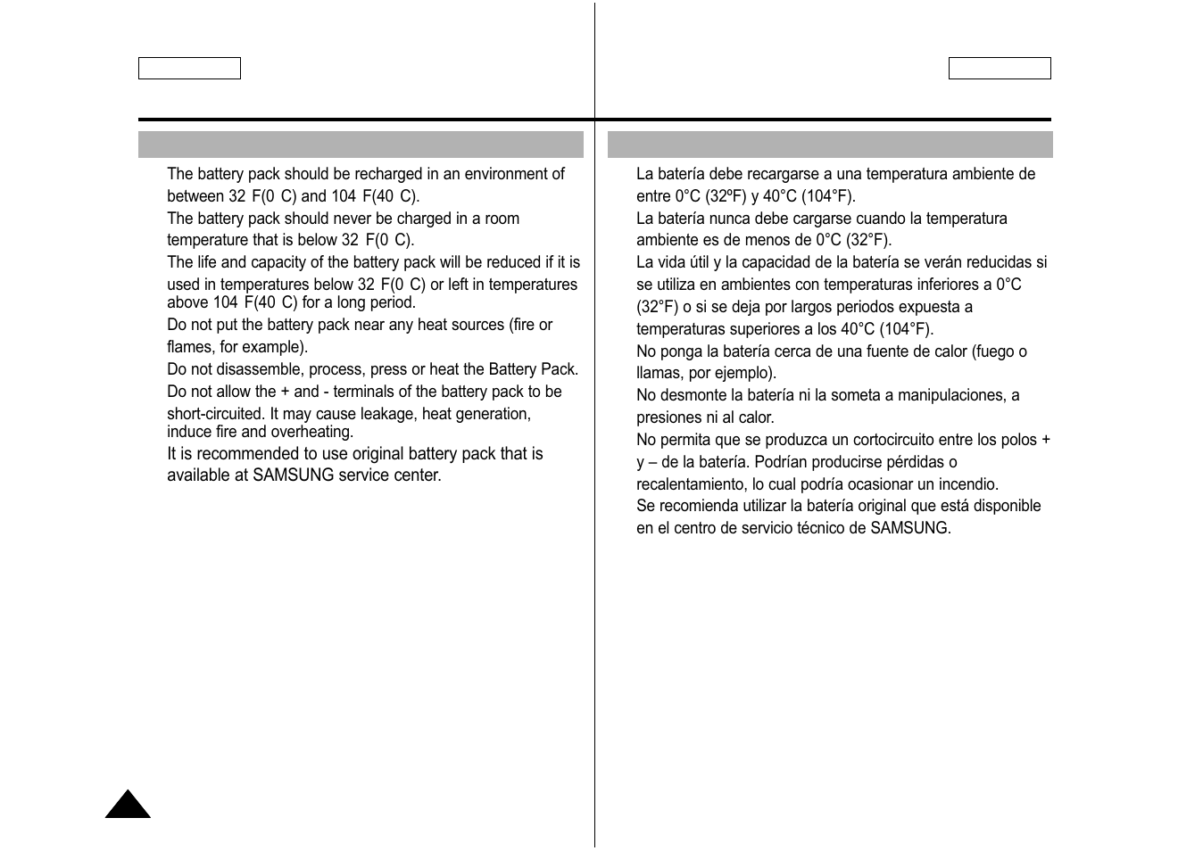 How to use the battery pack, Uso de la batería, Maintain the battery pack | Mantenimiento de la batería | Samsung SC-M105S-XAA User Manual | Page 20 / 128